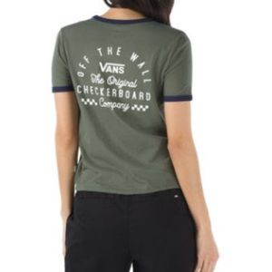 Vans In Deep Ringer Tee: Size Small; Olive Green & Navy Blue w/ White Print